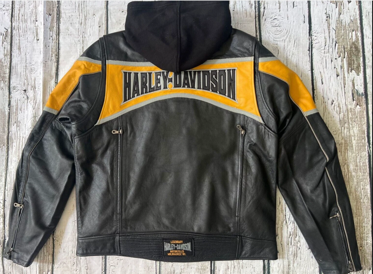 Harley Davidson Men's Moto Grip Yellow Black Leather Jacket Hoodie