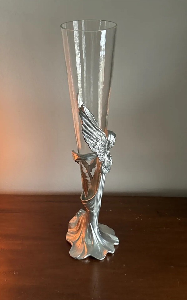 Angel Bud Vase Pewter with Glass Insert Seagull Canada Vintage 11” Tall