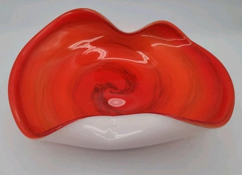 Murano Art Glass Folded Bowl 10" White Cased Orange RED Metallic Swirls Seguso?