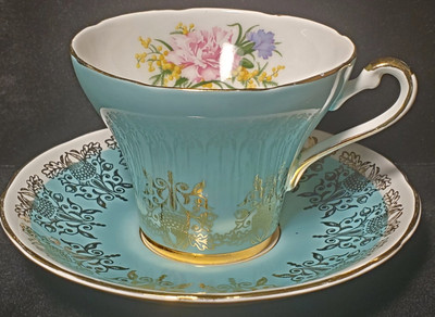 Royal Stafford Corset Teacup Aqua/Turquoise Gold Trim Bone China Made In England