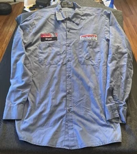 Cintas Work Shirt BRYAN PEPBOYS Garage Grunge Mechanic LS Blue Shirt L