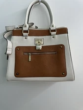 Charming Charlie's Color Block Lockbox Tan And White Med. Handbag