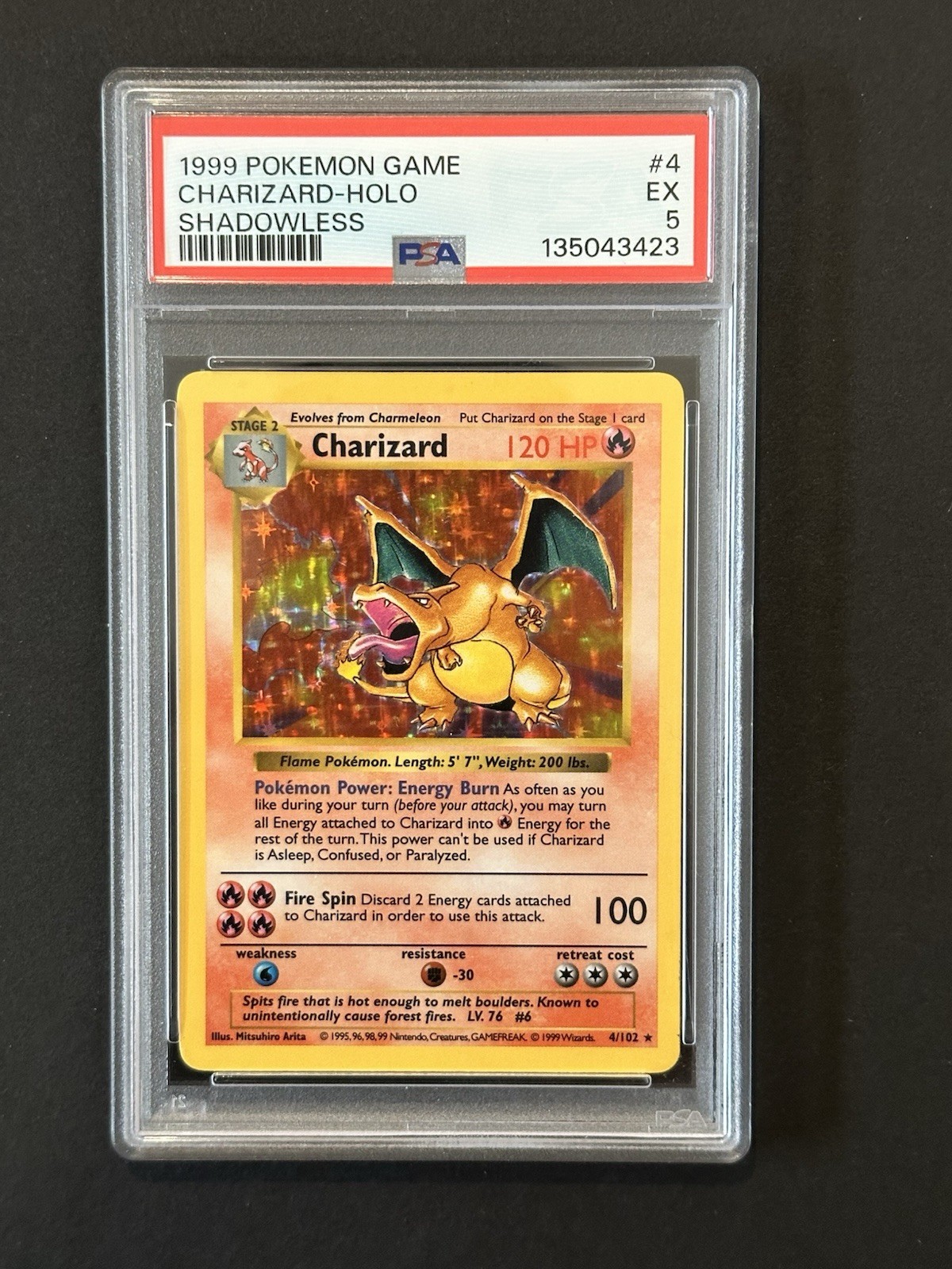 1999 Pokemon Charizard Holo Shadowless PSA 5 #4 4/102