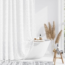 White Fabric Shower Curtain, Boho Tufted Geometric Striped Tassel Shower Curt...