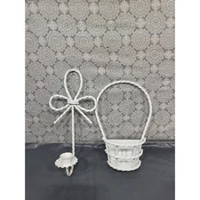White Metal Twisted Wire Basket Wall Pocket, Candle Holder Bow Decor Farmhouse