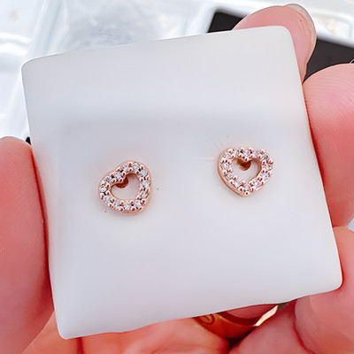 New 100% Authentic 925 Sterling Silver Rose Gold Open Heart Clear Stud Earrings