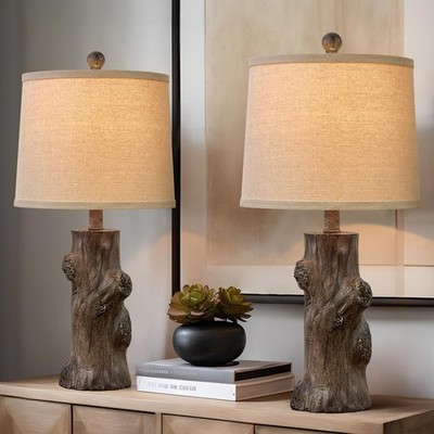 2 Rustic Tree Table Desk Nightstand Lamps Lights Woodland Cabin Lodge Home Decor