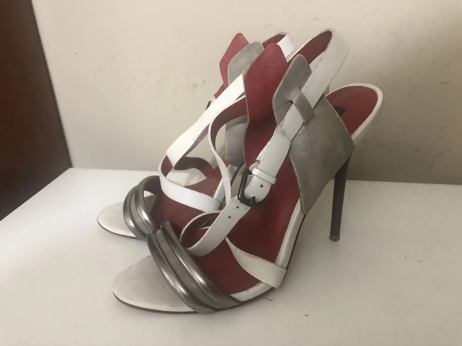 JORDAN Sandalo Charles Jourdan argento bianco rosso pelle cinturino vintage tacco alto taglia 7 M