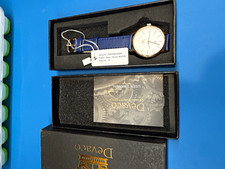 Devaco Quartz Analog Watch 39mm Gold SS Case Blue Leather Strap Date Box/Manual