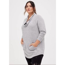 Torrid Womens 2X Super Soft Plush Gray Cowl Neck Tunic Pullover Sweatshirt