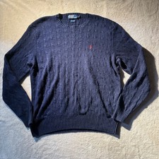 Vintage Polo Ralph Lauren 100 Silk Cable Knit Sweater Navy Blue Mens Xl