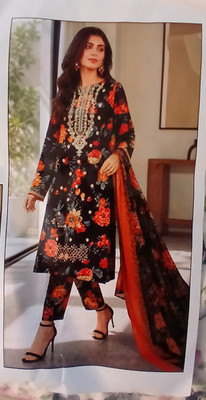 Women Black Floral Chiffon Salwar Kameez Set M with Dupatta and Pants