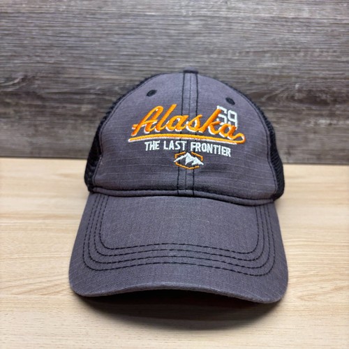 Alaska The Last Frontier Hat Cap Snap Back Gray Black Trucker Mesh 59 Mountain