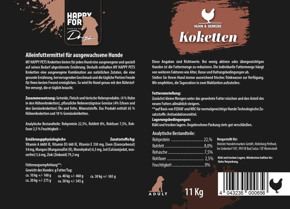 HAPPYFOR Hundefutter Adult 65% Hühnerkroketten & 10% Gemüsekroketten 2 x 10 kg - Bild 2 von 2