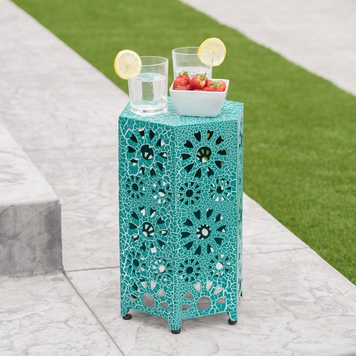 Outdoor 12 Inch Crackle Teal Sunburst Iron Side Table (Crackle Teal)