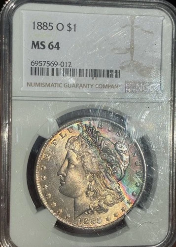 1885 O NGC MS64 Elite Rainbow Toning Morgan Silver Dollar Belly Button Variety