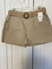 NWT Women  s Belted High Rise Shorts Size L Beige Pockets Cotton Spandex NEW