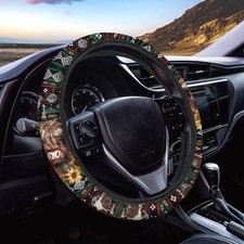 Aztec Highland Cow Sunflower Steering Wheel Cover, Universal 15 Inch, Better