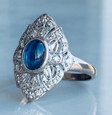 Sapphire Ring 18k Diamond Sapphire Cabochon Ring Vintage Shield Engagement Ring 