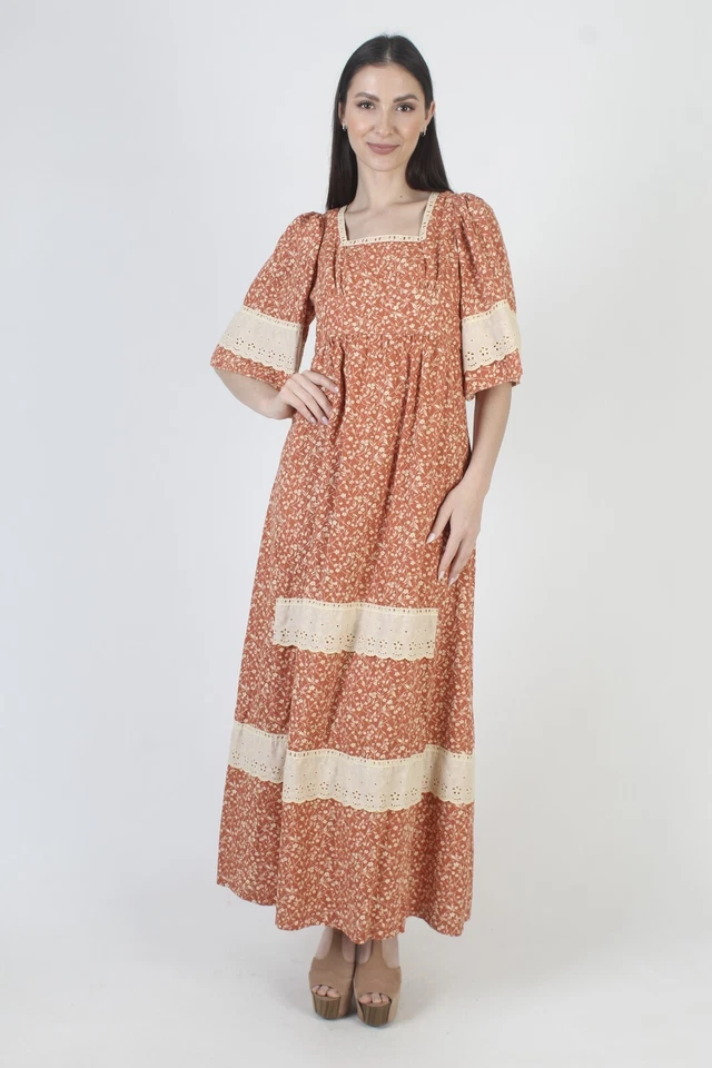 Vestido Vintage Años 70 Kimono Manga Campana Otoño Calicó Floral Encaje Cottage Maxi 9 Foto 3 de 4