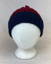 Youth Knit Cuffed Beanie Red and Navy Stretchy Acrylic Yarn One Size