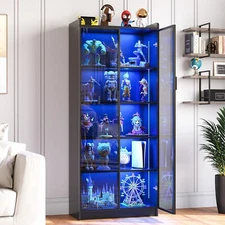 Display Cabinet with Doors and Adjustable Shelves, 65" Bookcase with LED Lights