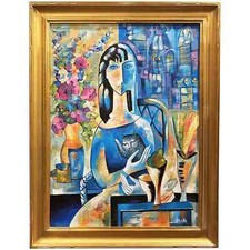 Juan Fernando Chacon Castro Modernist Cuban Abstract Oil Painting, Woman in Blue