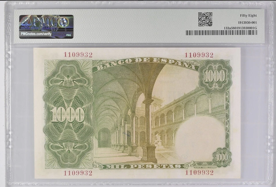 PMG 58 Spain España  1000 Pesetas 1946 PICK 133a Very Rare - Image 2 of 2