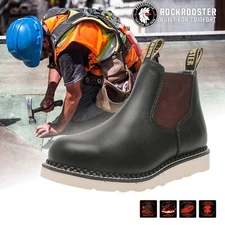 ROCKROOSTER Wide 6" Slip on Work Boots  Steel Toe Chelsea Durable Vibram Outsole