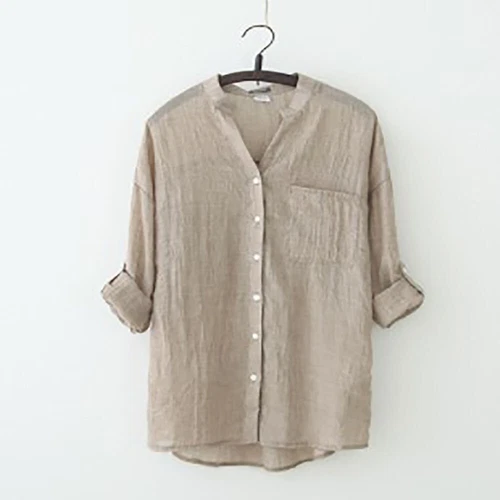 Damen Langarm Knopf Oberteile Leinen Hemd Bluse Cardigan Vintage Freizeit Dünn - Bild 23 von 29