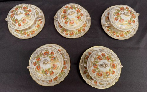 (5) Vintage 2 Handle Lidded Bouillon Cups And Saucers Haviland Wright Tyndale - Picture 3 of 24