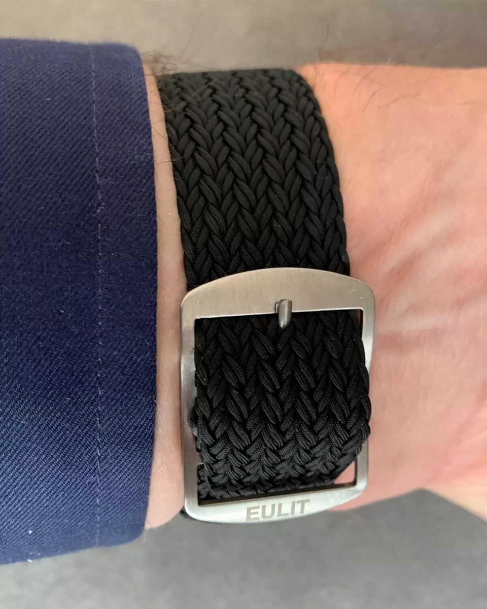 Bracelet Montre Eulit Perlon Nylon Noir - Deux Pièces - Largeurs 18/20/22 Mm - Fabriqué En Allemagne