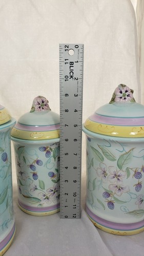Vintage Luftdicht 3er Set Keramik Kanister Blau Lila Blumen Brombeere - Bild 8 von 9