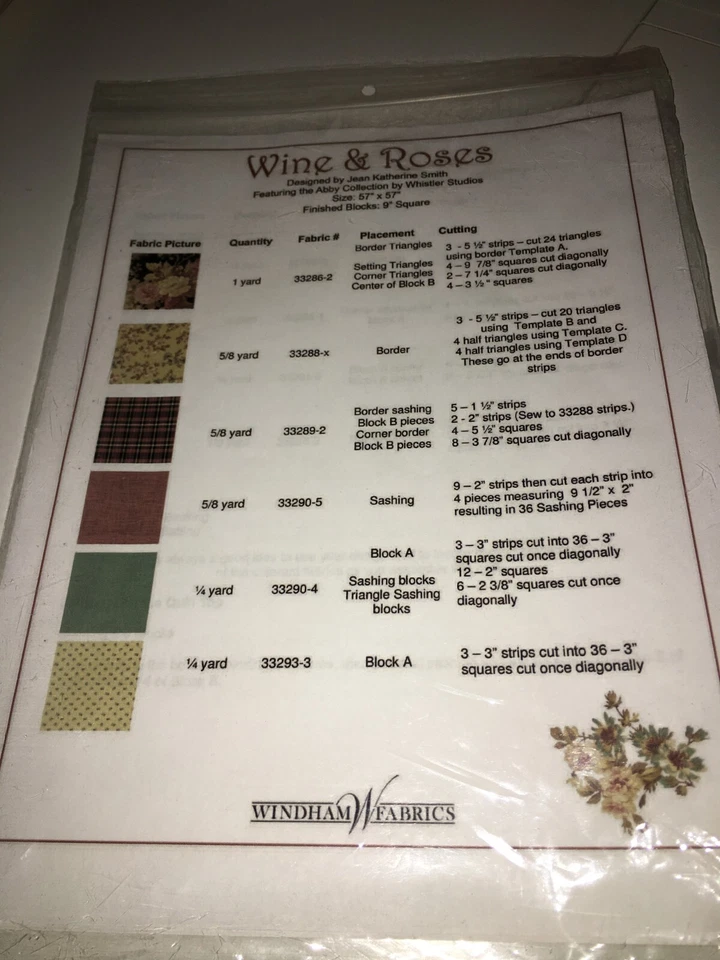 CRAFTS Sewing Pattern uncut quilt windham wine & roses 57x57 geometric wall art - Image 2 of 3