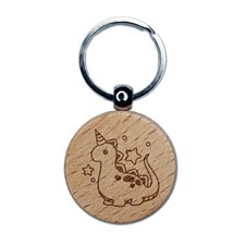 Baby Nursery Dinocorn Dinosaur Unicorn Engraved Wood Round Keychain Tag Charm