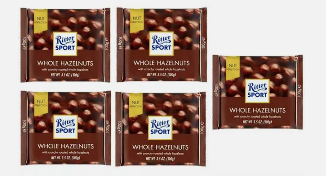 Ritter Sport Whole Hazelnut Milk Chocolate Bars 100g Pack of 5