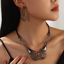 Halloween Skeleton Hand Necklace Earrings Set Gothic Punk Jewelry for Women