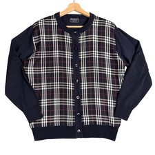 Vintage Burberrys Navy Nova Check Cardigan Sweater Mens Size M 100 Cotton