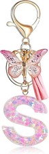 Bag Charm Keychain Pink Glitter Initial Letter Butterfly Tassel Handbag