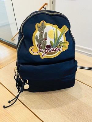 New See by Chloe Satin Cactus Patch Medium Backpack Dark Navy