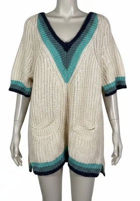 Weekend Max Mara Women's Beige Green Knit V-Neck Pocket Sweater Size L