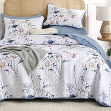 Floral Quilt Set King Size, 3 Pieces Navy Blue Botanical Plants Pattern Bedsp...