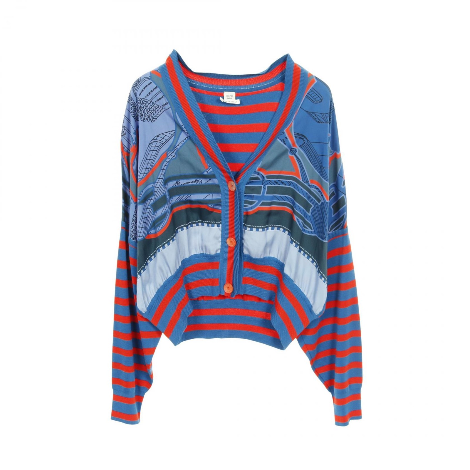 HERMES Twillaine Striped Cardigan Knit Top Silk Blue Red Size 40 Used Women