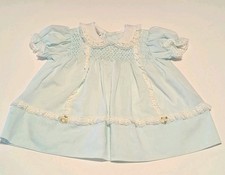 Vintage Polly Flinders Hand Smocked Dress 3-9M Light Blue Lace Cotton Blend