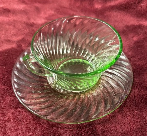 Vintage Green Depression Vaseline Glass Tea Cup & Saucer Uranium