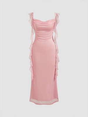 Cider Slim Fit Knit Fabric Cowl Neck Glitter Maxi Dress with Ruffle Hem for Party Wedding Prom Clubbing, Light Pink/M