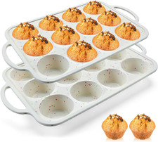 2Pack Silicone Muffin Pan for Baking with Metal Reinforced Frame, 12 Cup