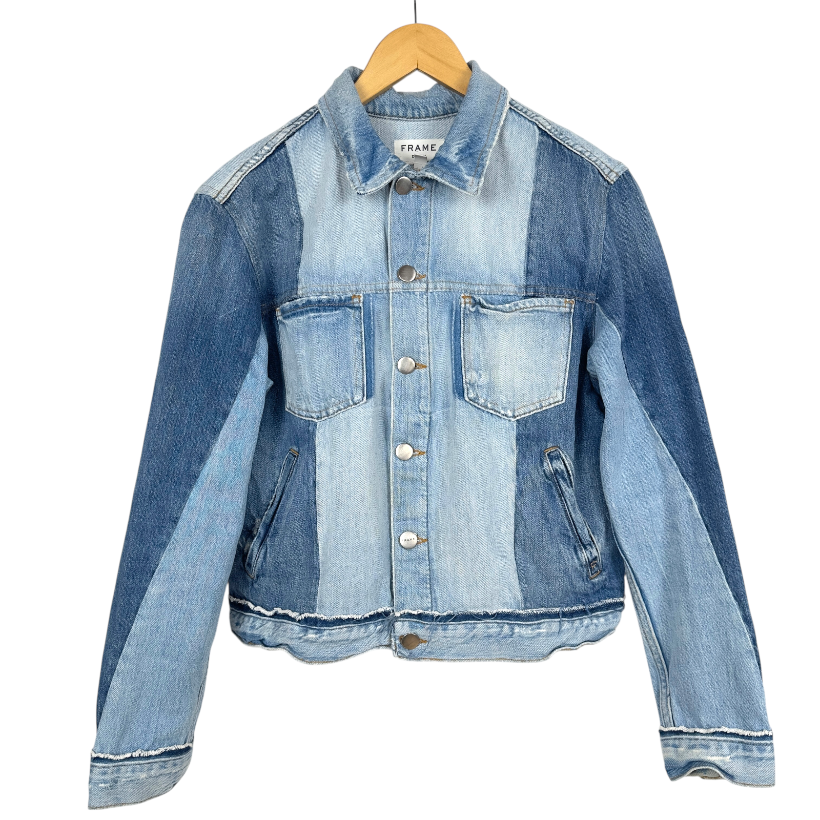 FRAME Luxury Denim Patchwork Trucker Jacket Women’s Large Made in USA Raw Hem