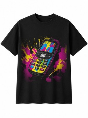 Splatter Art Flip Phone Ink Splash Retro Y2K Herren T-Shirt schwarz 100 % Baumwolle Tee