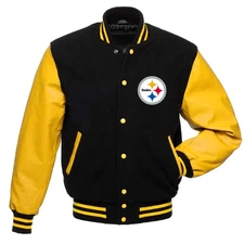 Men's Vintage 80's PB Steeler Black Wool Leather Retro Letterman Varsity Jacket